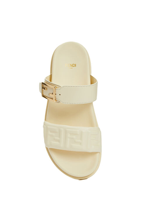 Ekru Logo Desenli Kadın Deri Terlik - Görsel 5