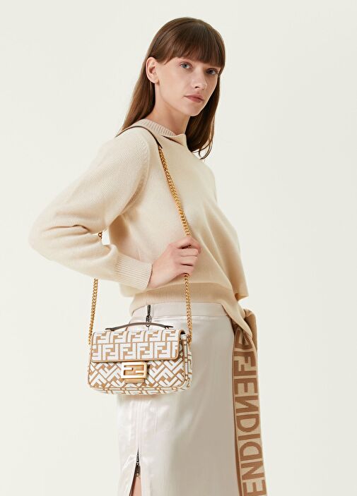 Fendi - Chain Midi Baguette Ecru Logo Women's Bag