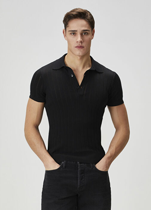 Tom Ford Siyah Erkek Siyah Polo Yaka Çizgi Dokulu T-shirt 1768422