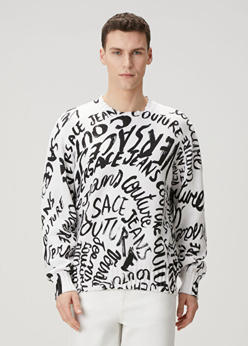 Versace Jeans Couture - Siyah Beyaz Logo Jakarlı Kazak - Siyah-Beyaz
