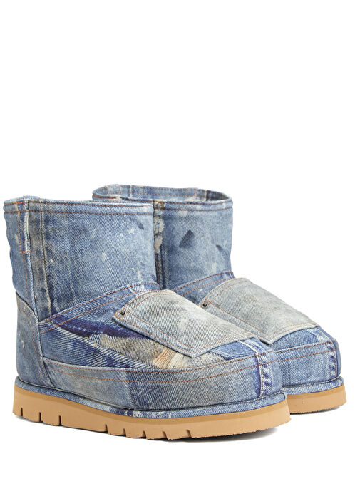Mavi Denim Dokulu Kadın Deri Kar Botu - Görsel 3