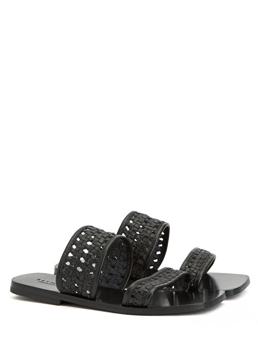 Siyah Örgü Bantlı Kadın Deri Terlik - Görsel 3