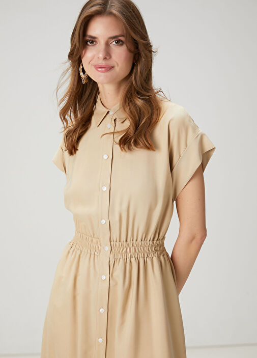 beige long sleeve dress midi Beige Floral Button Midi Shirt Dress