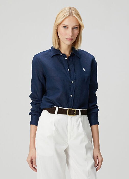 Mavi Logo Nakışlı Keten Gömlek