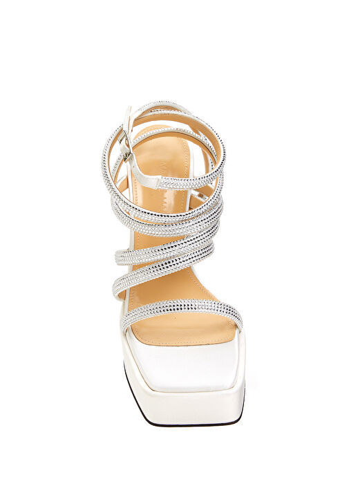 Beyaz Taş Bantlı Kadın Deri Sandalet - Görsel 5