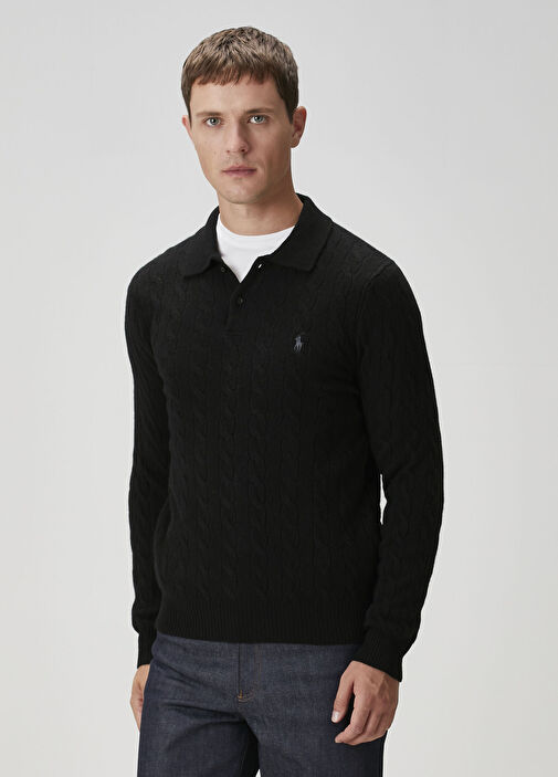 Polo Ralph Lauren - Siyah Polo Yaka Yün Kazak - Siyah