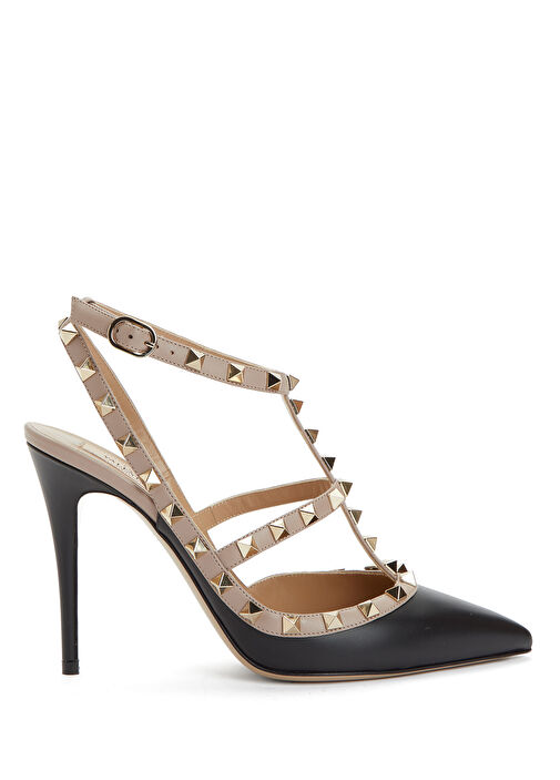 Rockstud Siyah Bej Deri Topuklu Ayakkabı - Görsel 2