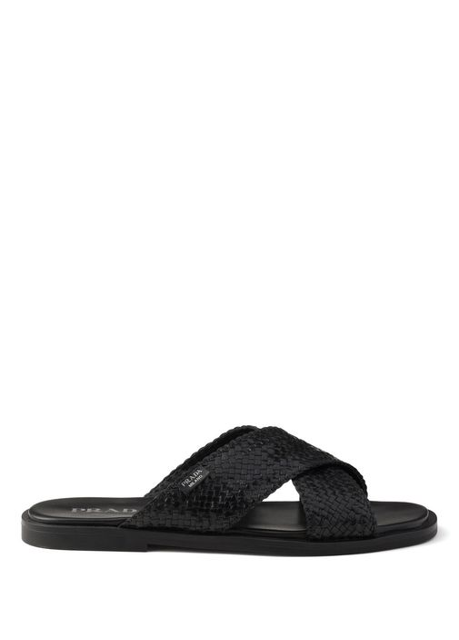 Prada Black Cross-Band Logo Slides for Men PRADA Leather Crisscross Slides Band Sandals 4X2207 Black  main image 4