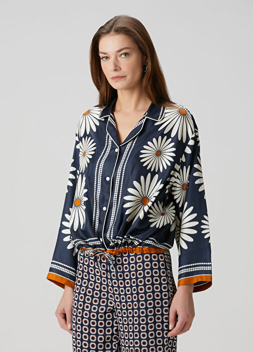 Sandro - Dahlia Navy Blue Floral Silk Shirt