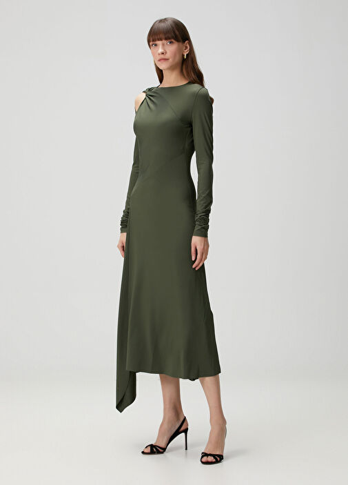 Victoria Beckham - Dark Green Asymmetrical Cut Midi Evening Dress Victoria Beckham - Dark Green Asymmetrical Cut Midi Evening Dress