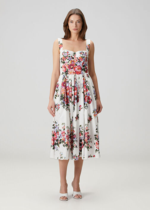 Beyaz Çiçekli Midi Elbise