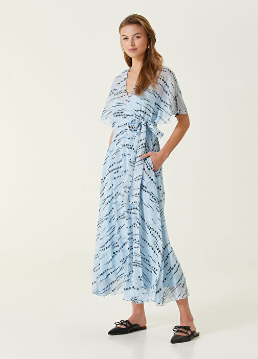 Red Valentino - Blue Star Patterned Midi Silk Wrapover Dress