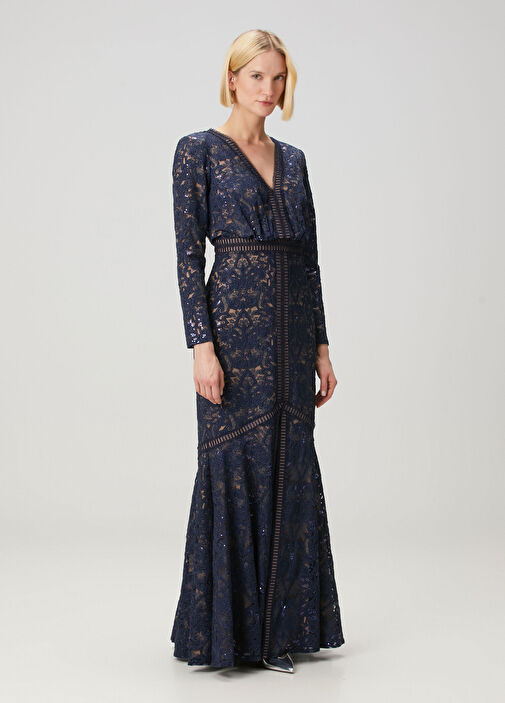 Tadashi Shoji - Alawa Navy Blue Sequined Maxi Evening Dress