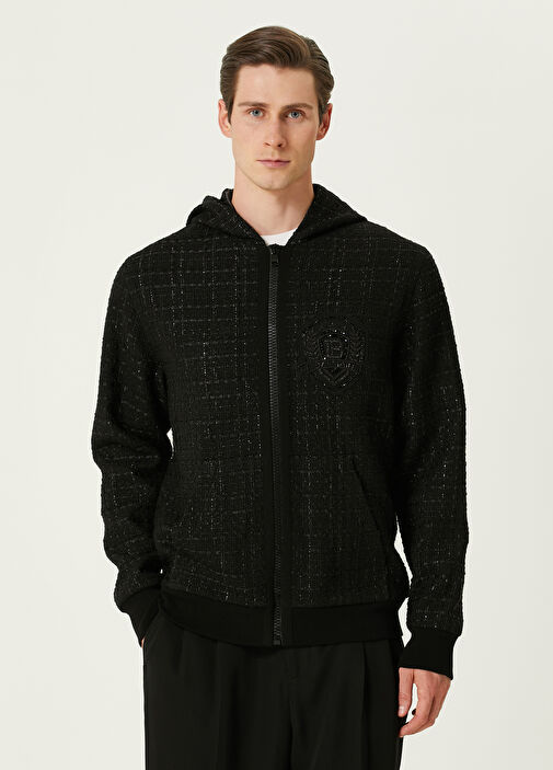 Balmain Black Hooded Tweed Textured Coat