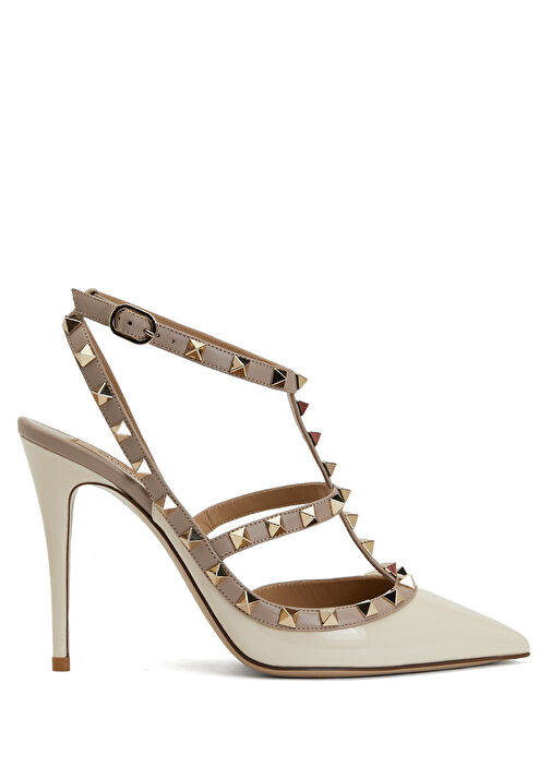 Rockstud Ekru Deri Topuklu Ayakkabı - Görsel 2