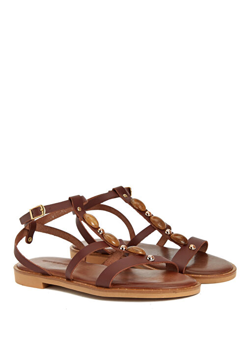 Kahverengi Toka Detaylı Kadın Deri Sandalet - Görsel 3
