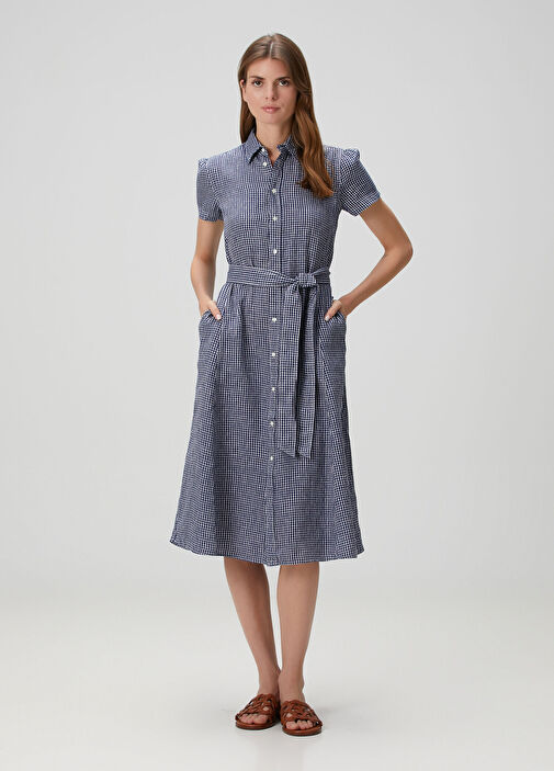 Polo Ralph Lauren - Blue Gingham Midi Linen Shirt Dress