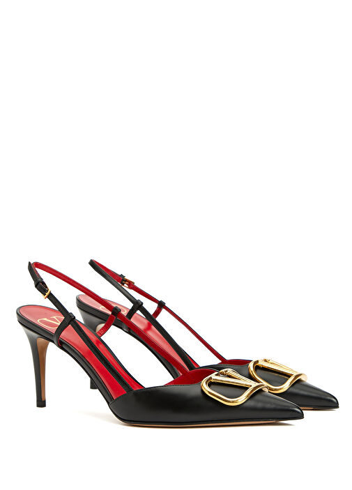 VLogo Siyah Deri Topuklu Ayakkabı - Görsel 3