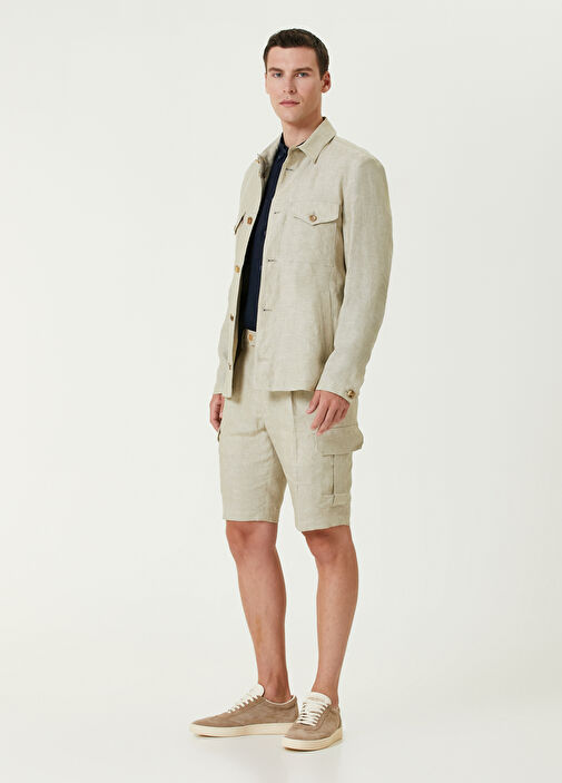 Beige Linen Cargo Bermuda