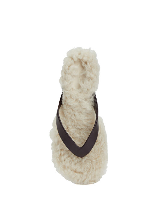 Kahverengi Beyaz Kadın Deri Shearling Terlik - Görsel 5