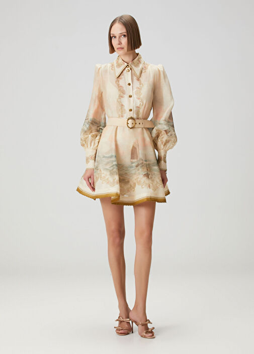 Rebellion Marine Bej Mini Keten Elbise