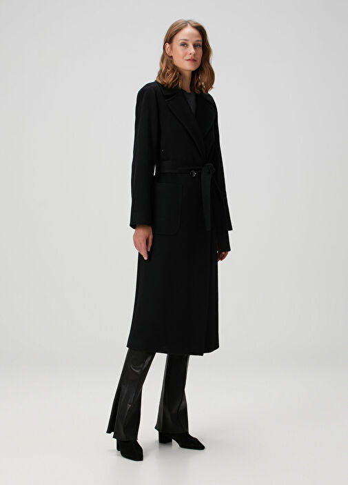 Siyah Beli Kuşaklı Kaşmir Palto - Görsel 2