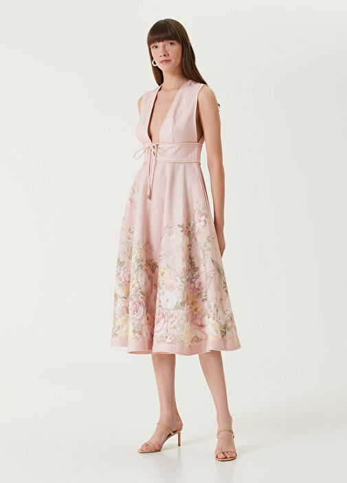 Zimmermann - Waverly Pink Floral Midi Linen Dress