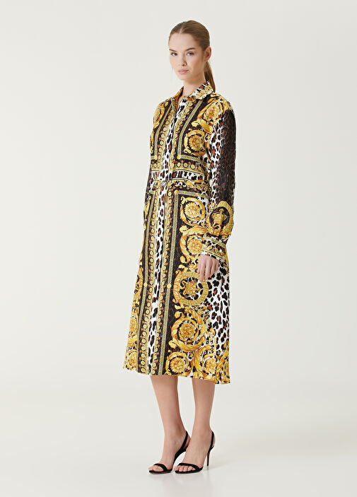 Yellow Leopard Printed Midi Silk Shirt Dress - Main Image