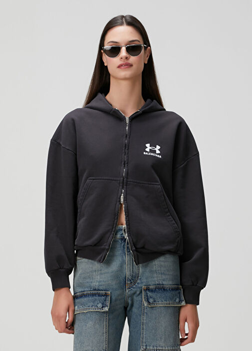 Balenciaga - x Under Armour Siyah Kapüşonlu Sweatshirt - Siyah-Beyaz