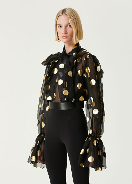 black blouse with gold polka dots