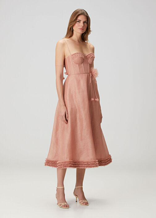 Pembe Midi Keten Elbise