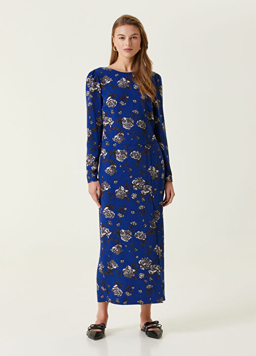 blue midi flowy dress Henley Floral U Neck Flutter Shoulder Tiered Midi Dress Sky Blue / L
