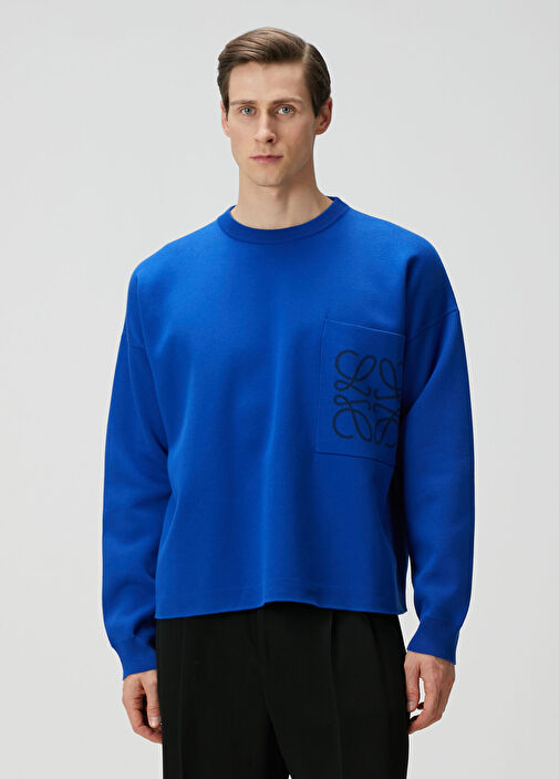 Loewe - Koyu Mavi Logo Jakarlı Kazak - Koyu Mavi