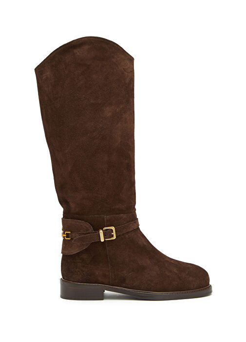 Kahverengi Zincir Logolu Kadın Süet Binici Çizme - Görsel 2