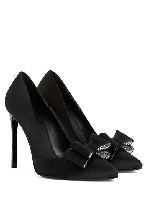 Siyah Fiyonklu Saten Topuklu Ayakkabı - Görsel 3