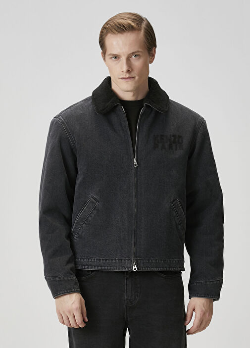 kenzou！ Kenzo - Siyah Yakası Shearling Detaylı Denim Mont - Siyah