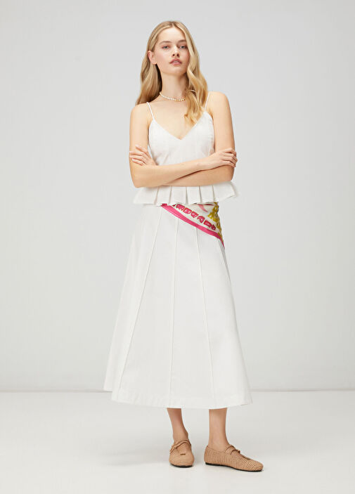 Kırık Beyaz Nervürlü Midi Kloş Etek