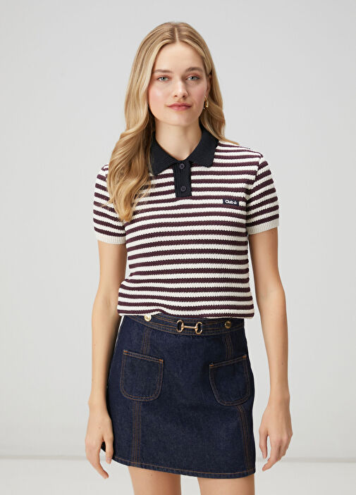 Bordo Beyaz Çizgili Polo Kazak