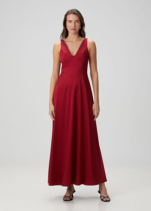 Aidan Mattox - Red Collar Stone Embroidery Midi Evening Dress