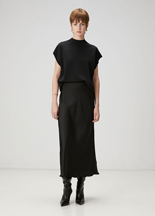 Siyah Midi Saten Evaze Etek