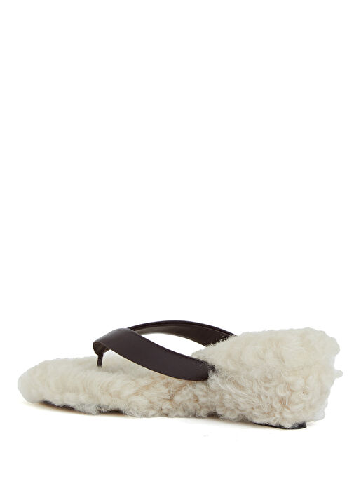Kahverengi Beyaz Kadın Deri Shearling Terlik - Görsel 4