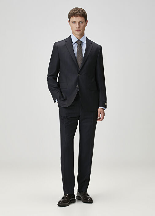 Drop 7 Lacivert Çizgili Yün Takım Elbise - Görsel 2