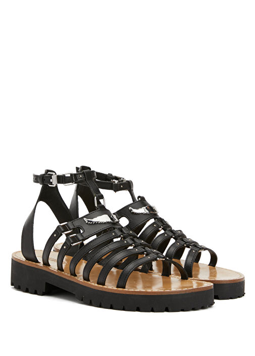 Siyah Logo Detaylı Kadın Deri Sandalet - Görsel 3