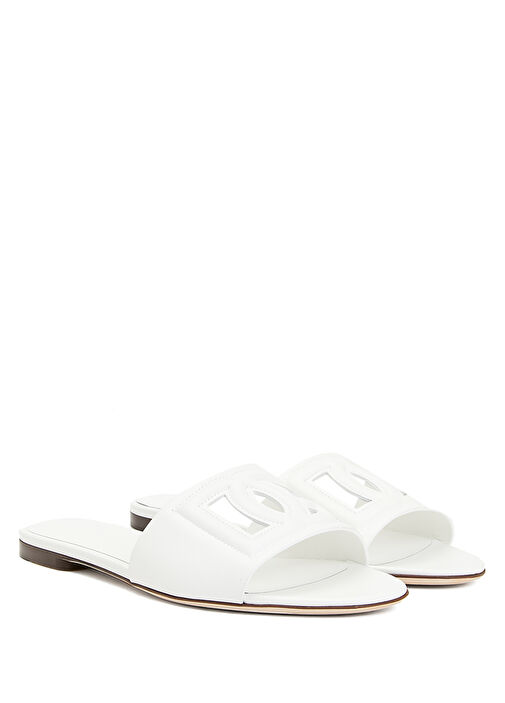 Beyaz Logo Detaylı Kadın Deri Terlik - Görsel 3