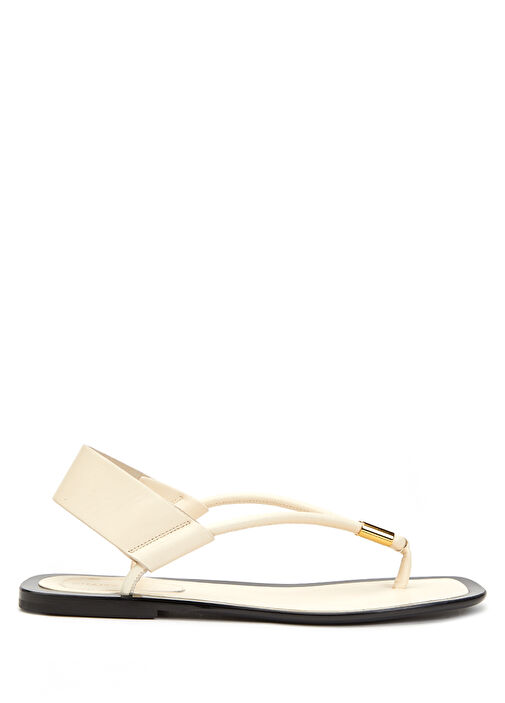 Krem Metal Tokalı Kadın Deri Sandalet - Görsel 2