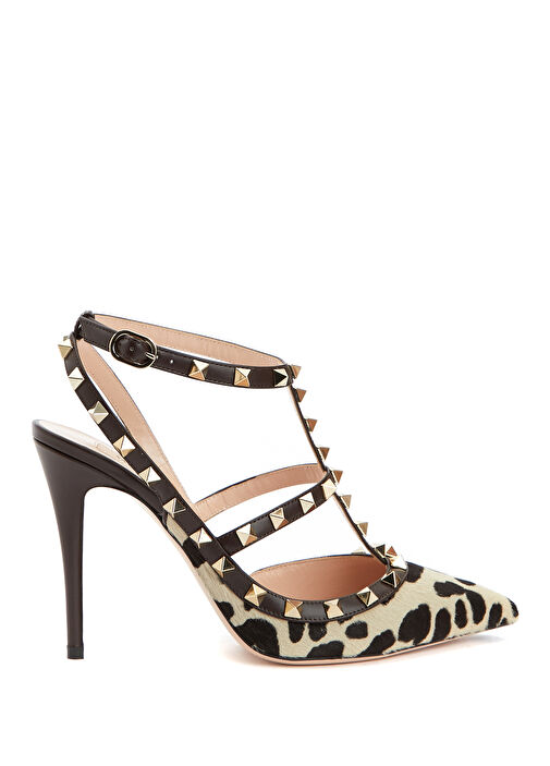 Rockstud Kahve Beyaz Deri Topuklu Ayakkabı - Görsel 2