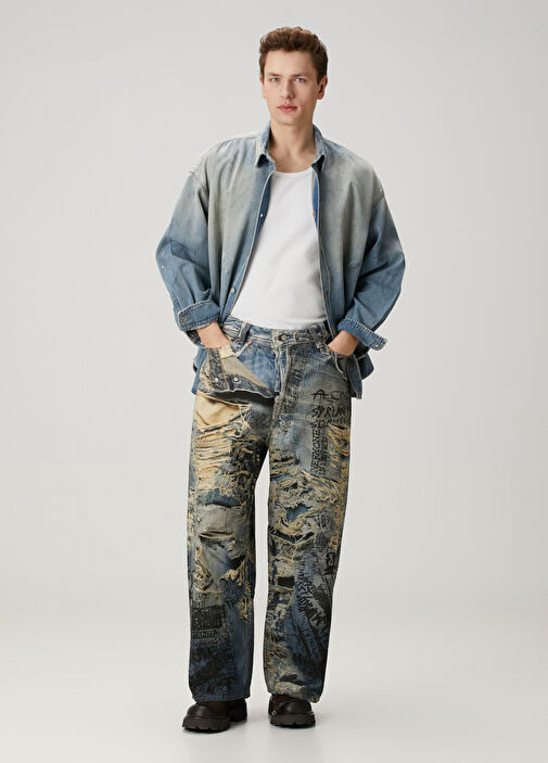 Acne Studios - Super Baggy Fit Mavi Baskılı Jean Pantolon - Mavi