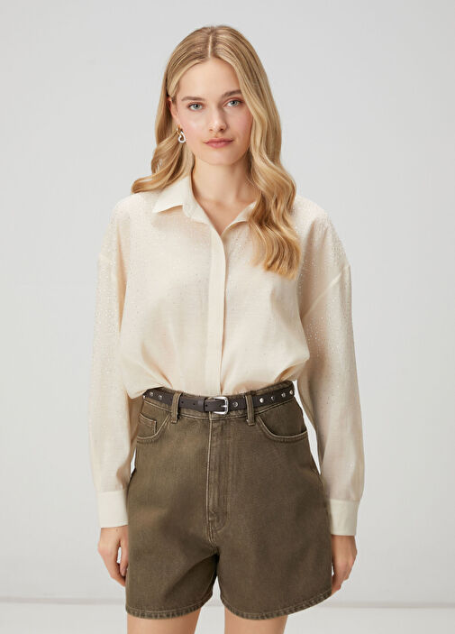 Crinkle Ekru Taşlı Gömlek