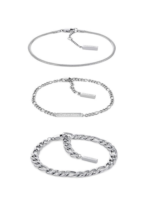 CKJ35700003 Metalik Gri Çelik Unisex 3'lü Bileklik Seti