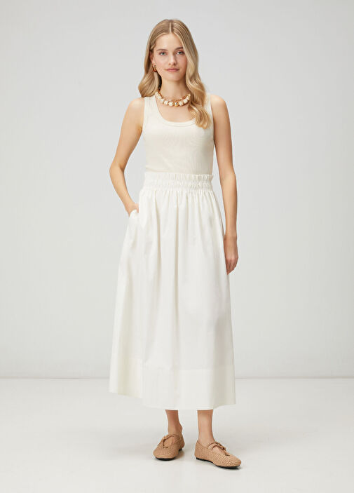 Kırık Beyaz Beli Lastikli Midi Etek